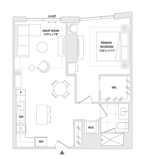 Floor plan for 1 bed, 1 bath, 759 sqft